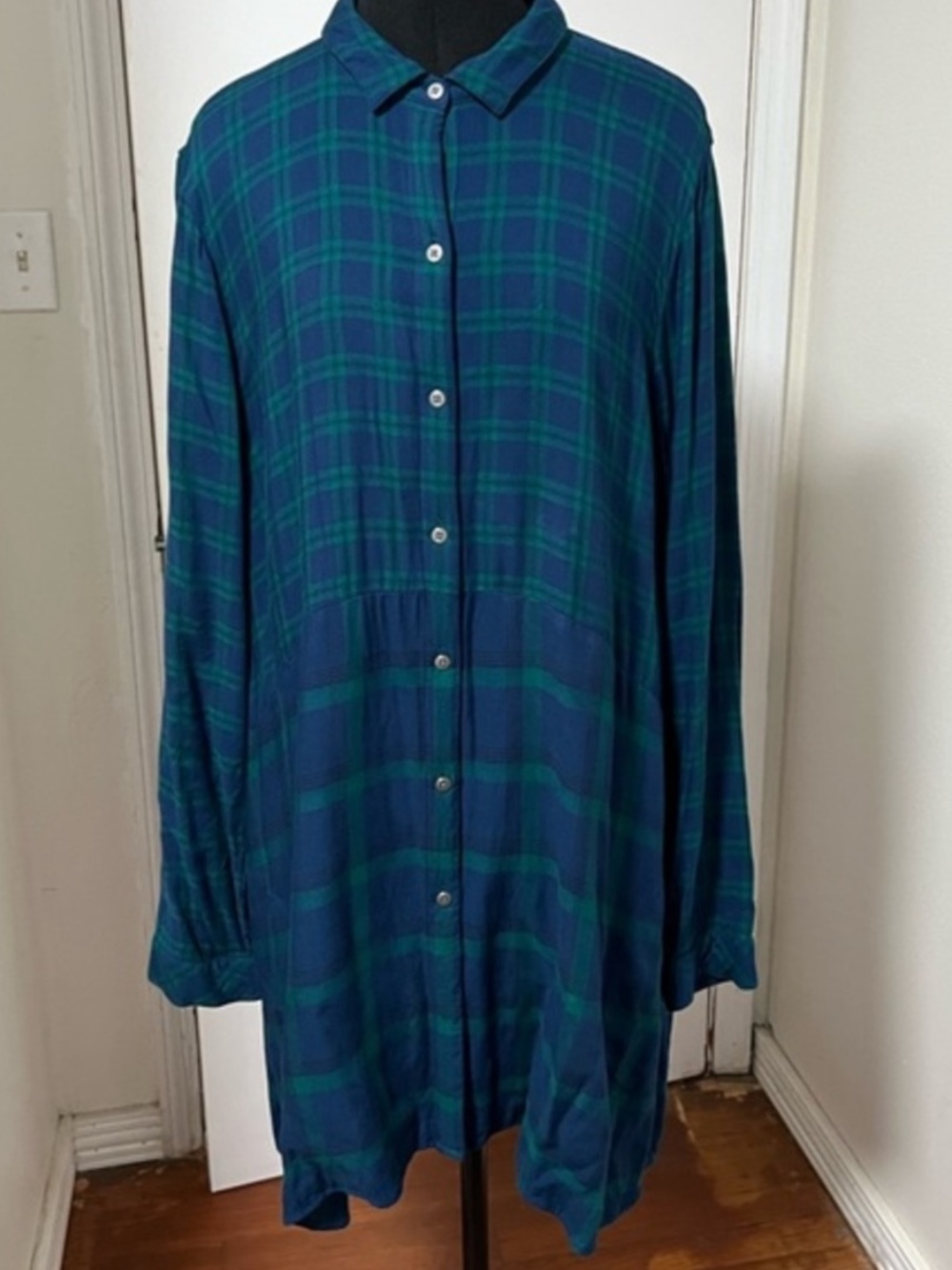 J Jill Full Button Green and Blue Plaid Tunic Dress with Pockets Size XLT